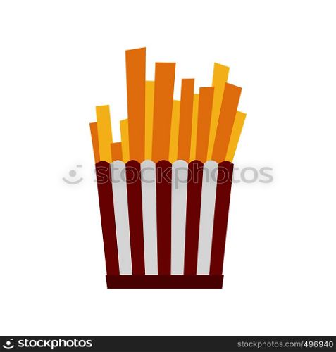 French fries in red and white striped paper box flat icon isolated on white background. French fries in red and white striped paper box