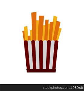 French fries in red and white striped paper box flat icon isolated on white background. French fries in red and white striped paper box