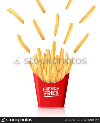 French fries in red box, spread out into the air, template design isolated on white background, Eps 10 vector illustration