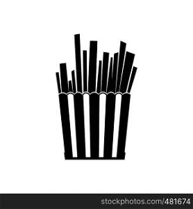 French fries in striped paper box black simple icon. French fries in striped paper box