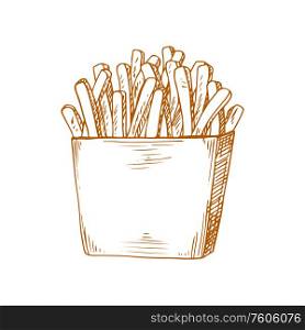 French fries isolated monochrome sketch. Vector cut into stripes potatoes, fastfood in paper box. Paper box with hand drawn french fries isolated