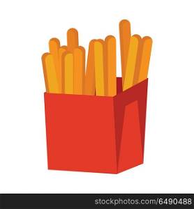 French Fries Isolated on White. Crispy Potatoes. French fries isolated on white. Crispy potatoes in red paper bag. Junk unhealthy food. Consumption of high calories nourishment fast food. Part of series of promotion healthy diet and good fit. Vector