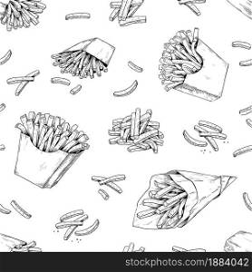 French fries pattern. Hand drawn seamless texture for fast food menu with fried potato dips. Black and white unhealthy delicious snacks graphic background template. Vector junk meal sketch print. French fries pattern. Hand drawn seamless texture for fast food menu with potato dips. Black and white unhealthy delicious snacks background template. Vector junk meal sketch print