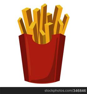 French fries potato in red paper box icon in cartoon style isolated on white background. Fast food menu. French fries potato icon, cartoon style