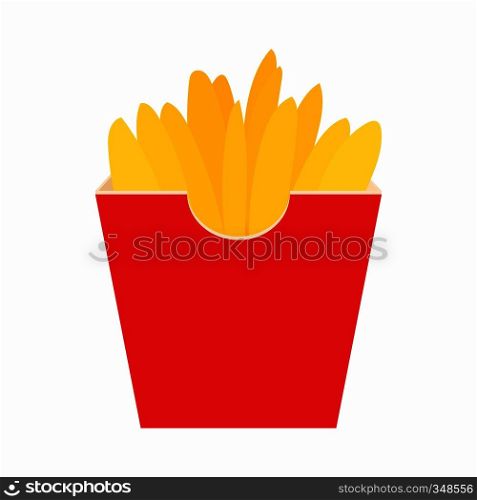 French fries potato in red paper box icon in cartoon style on a white background. French fries potato in red paper box icon