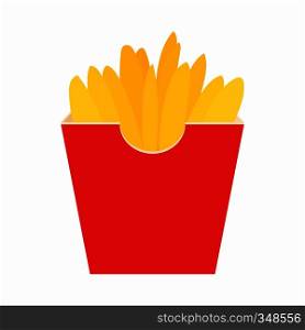 French fries potato in red paper box icon in cartoon style on a white background. French fries potato in red paper box icon