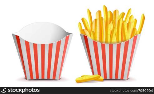 French Fries Potatoes Vector. Classic Striped Red White Paper Box. Empty And Full. Isolated On White Illustration. French Fries Potatoes Vector. Classic Striped Red White Paper Box. Empty And Full. Isolated On White