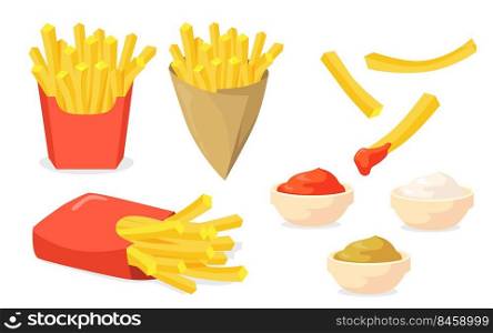 French fries set. Potato sticks in paper cones, ketchup, mayo, mustard sauces isolated on white. Vector illustration for fast food snack, street food concept