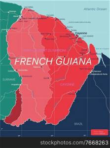 French Guiana country detailed editable map with regions cities and towns, roads and railways, geographic sites. Vector EPS-10 file. French Guiana country detailed editable map
