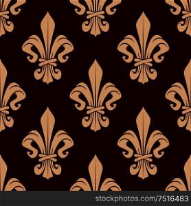 French heraldic floral pattern with seamless ornament of delicate peach fleur-de-lis over maroon background. May be used as interior or wallpaper design. Brown and beige lilies seamless pattern