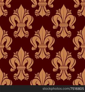 French heraldic lilies seamless pattern with bold ornament of beige fleur-de-lis symbols on red background. Vintage interior accessories, royal theme background or fabric design. Red seamless french lilies pattern