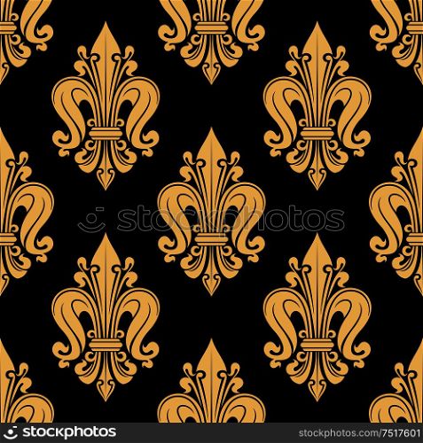 French heraldic seamless floral pattern of yellow fleur-de-lis motif on black background with royal lilies bunches tied by decorative swirling bands. Use as vintage interior accessories or upholstery design . Royal yellow fleur-de-lis seamless floral pattern