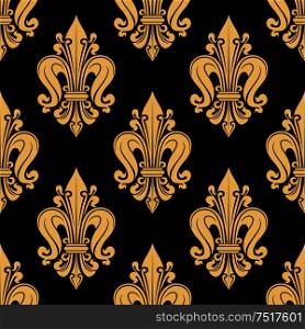 French heraldic seamless floral pattern of yellow fleur-de-lis motif on black background with royal lilies bunches tied by decorative swirling bands. Use as vintage interior accessories or upholstery design . Royal yellow fleur-de-lis seamless floral pattern