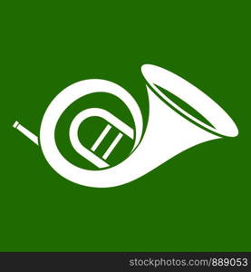 French horn icon white isolated on green background. Vector illustration. French horn icon green