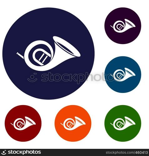 French horn icons set in flat circle reb, blue and green color for web. French horn icons set