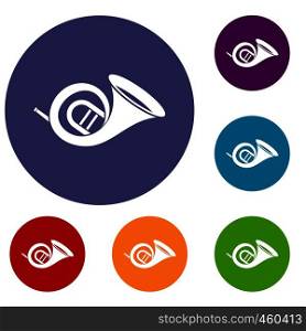 French horn icons set in flat circle reb, blue and green color for web. French horn icons set