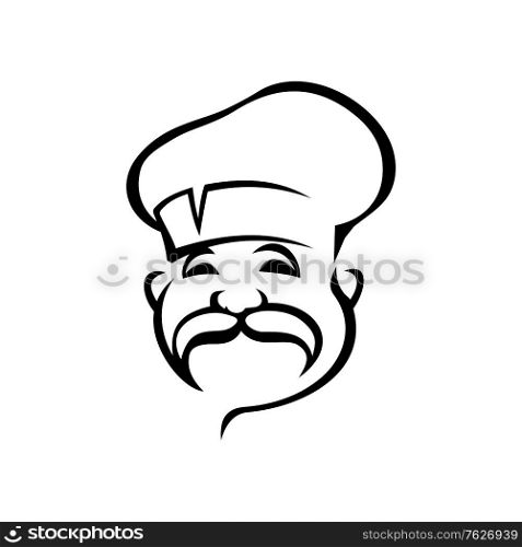 French, Italian chef black outline vector illustration. European cuisine logo design idea. Professional senior chef cook with mustache isolated contour clipart. Cooker, confectioner line art drawing. French, Italian chef black outline illustration