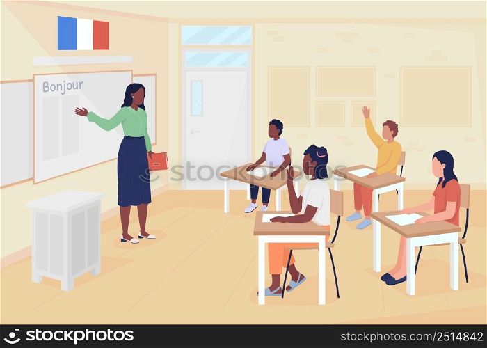 French language lesson flat color vector illustration. Foreign language course. Teacher and middle school students 2D simple cartoon characters with classroom on background. Patrick Hand font used. French language lesson flat color vector illustration