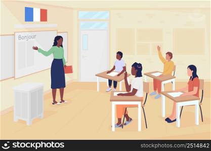 French language lesson flat color vector illustration. Foreign language course. Teacher and middle school students 2D simple cartoon characters with classroom on background. Patrick Hand font used. French language lesson flat color vector illustration