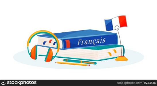 French learning flat concept vector illustration. Foreign language course. School subject. Linguistics study metaphor. University class. Student textbook and dictionary 2D cartoon objects. French learning flat concept vector illustration