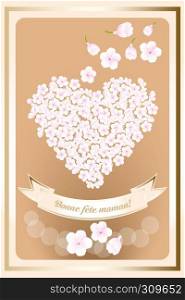 French Mothers day card - heart made by cherry blossoms and banner with French wishes