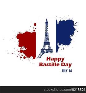 French National Day celebrate brush stroke banner with France national flag colors. Greetings Happy Bastille Day. Vector illustration.
