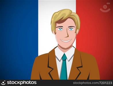 French people, ahead of the flag. Portrait of manager in flat design. Vector cartoon