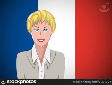 French people, ahead of the flag. Portrait of manager in flat design. Vector cartoon
