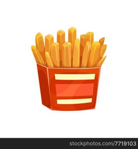 French potato fries, fast food box menu, vector isolated icon. Fastfood restaurant, bistro and street food cafe snack or appetizer, French fries potato chips red carton pack. French potato fries, fast food box menu icon