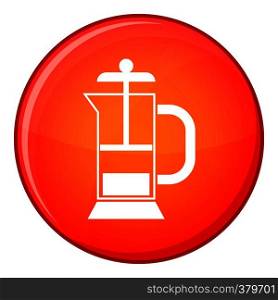 French press coffee maker icon in red circle isolated on white background vector illustration. French press coffee maker icon, flat style
