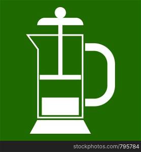 French press coffee maker icon white isolated on green background. Vector illustration. French press coffee maker icon green
