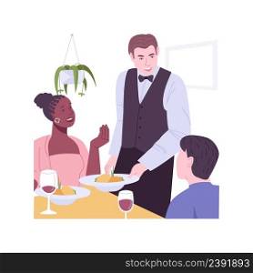 French restaurant isolated cartoon vector illustrations. Happy couple eating out in a restaurant, gourmet food on plate, dinner with boyfriend, people lifestyle vector cartoon.. French restaurant isolated cartoon vector illustrations.