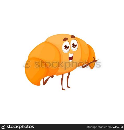 French roll isolated croissant snack cartoon fiction character, food dessert. Vector sweet flaky pastry, european breakfast, tea snack. Golden biscuit, fresh bakery, cute chocolate croissant. Croissant isolated French roll cartoon character