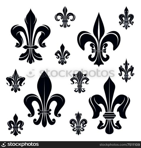French royal fleur-de-lis dark blue heraldic symbols with ornamental compositions of victorian leaf scrolls and curly tendrils. Heraldry, history, coat of arms, design . French fleur-de-lis heraldic symbols and flowers