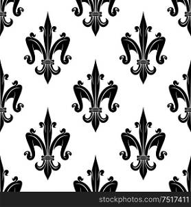 French royal fleur-de-lis seamless pattern background for heraldic theme or page fill design with elegant black and white victorian lilies, ornated by swirls. French victorian fleur-de-lis seamless pattern