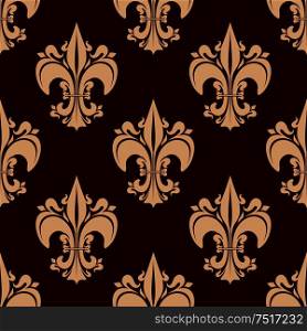 French royal ornamental fleur-de-lis seamless pattern for vintage interior design or historical concept with beige victorian lily flowers on brown background. Ornamental floral fleur-de-lis seamless pattern