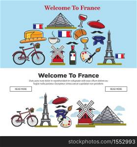 French symbols travel to France Internet web pages templates vector Louvre gallery and Moulin rouge Eiffel tower and art city bicycle and wine cheese and croissant beret and national flag tourism. Travel to France French symbols Internet web pages templates