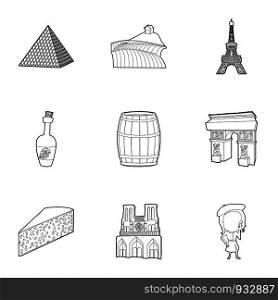 French things icons set. Outline set of 9 french things vector icons for web isolated on white background. French things icons set, outline style