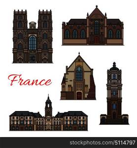 French travel landmark icon with thin line building of Rennes. Rennes City Hall, St Germain Church and Rennes Cathedral, Chapel St Yves and Basilica St Sauveur for European tourism design. French travel landmark icon of Rennes
