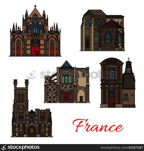 French travel landmark icons of Troyes architecture. Thin line building of St Pierre and St Paul Cathedral, Church of St Pantaleon, Basilica of Saint Urban and St Jean de Marche Church. French travel landmark icons, Troyes architecture