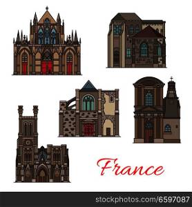 French travel landmark icons of Troyes architecture. Thin line building of St Pierre and St Paul Cathedral, Church of St Pantaleon, Basilica of Saint Urban and St Jean de Marche Church. French travel landmark icons, Troyes architecture