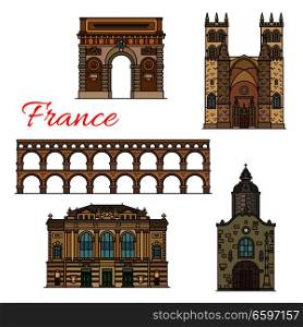 French travel landmark icons set for European tourism design. Thin line Gate Montpellier, Roman Catholic Cathedral of St Peter and St Aurelien Chapel, Montpellier Opera and old Aqueduct. Tourist sights of France icons for travel design