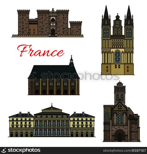 French travel landmark icons set of historical and religious tourist sight. Church of St Trinite, Abbey of Ronceray and Angers Castle, St Maurice Cathedral and Rouen Opera House. French travel landmark icons with tourist sights