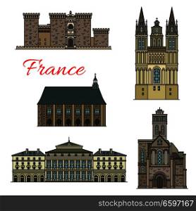 French travel landmark icons set of historical and religious tourist sight. Church of St Trinite, Abbey of Ronceray and Angers Castle, St Maurice Cathedral and Rouen Opera House. French travel landmark icons with tourist sights