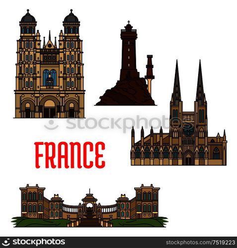 French travel landmarks icon with thin line roman catholic Cathedral of Saint Andrew and Church of Saint Michel, iconic La Vieille lighthouse and Palais Longchamp. Travel and vacation planning design. French travel landmarks icon, thin line style