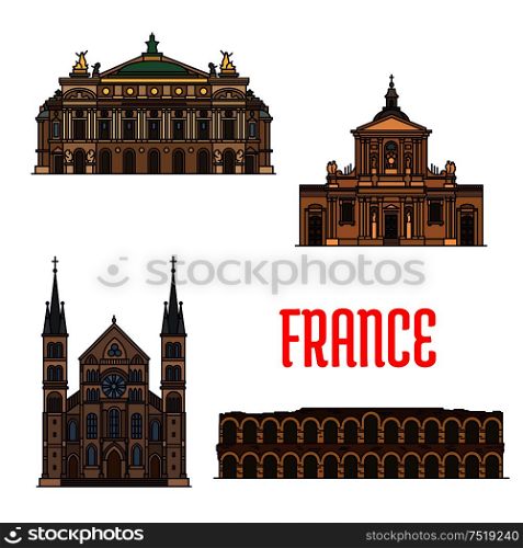 French travel sights of culture and architecture icon with linear roman amphitheatre Arena of Nimes, opera house Palais Garnier, Chapel of Sainte Ursule of Sorbonne University, Abbey of Saint-Remi. French travel landmarks icon for tourism design