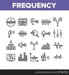 Frequency Pulse Wave Collection Icons Set Vector Thin Line. Microphone And Ear, Radio And Dynamic With Frequency Cardiogram Concept Linear Pictograms. Monochrome Contour Illustrations. Frequency Pulse Wave Collection Icons Set Vector