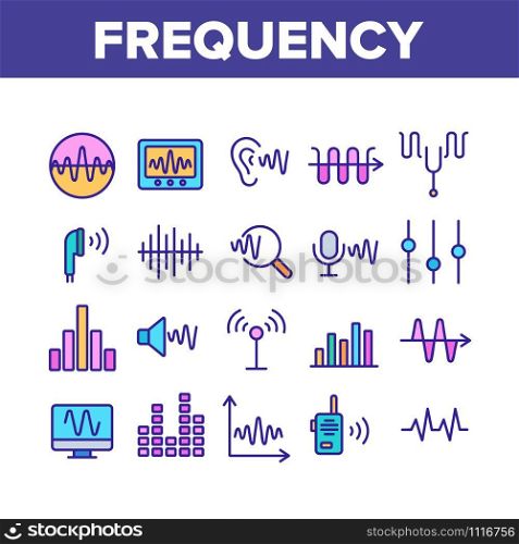 Frequency Pulse Wave Collection Icons Set Vector Thin Line. Microphone And Ear, Radio And Dynamic With Frequency Cardiogram Concept Linear Pictograms. Color Contour Illustrations. Frequency Pulse Wave Collection Icons Set Vector