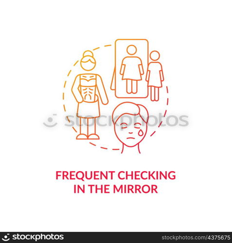 Frequent checking in the mirror red gradient concept icon. Dissatisfaction with your body abstract idea thin line illustration. Isolated outline drawing. Roboto-Medium, Myriad Pro-Bold fonts used. Frequent checking in the mirror red gradient concept icon