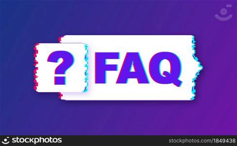 Frequently asked questions FAQ banner. Glitch icon. Computer with question icons. Vector illustration. Frequently asked questions FAQ banner. Glitch icon. Computer with question icons. Vector illustration.